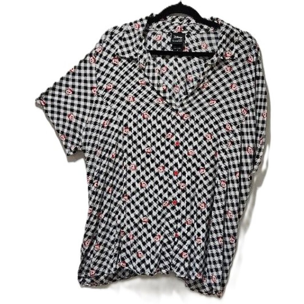 DISNEY POISON APPLE BLACK/WHITE CHECK BUTTON DOWN SHORT SLEEVE SHIRT TOP 3